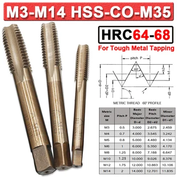 HRC64 HRC64 HSS-Co-M35 Metrik Seri Musluk Seti M3 M4 M5 M6 M8 M10 M12 Sağ El Konu Kesici Makinesi Musluklar Paslanmaz Çelik