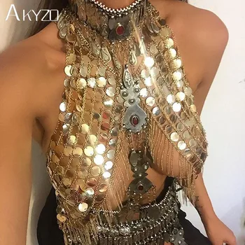 AKYZO Festivali Kulübü Parti Tankı Kadın Seksi El Yapımı Akrilik Sequins Vücut Metal Zincir Halter Camiş Üst Gümüş Altın