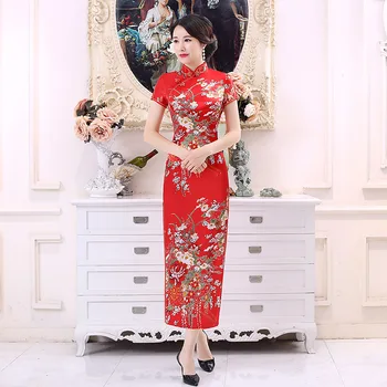 Çin Geleneksel Cheongsam Elbise Çiçek ve Tavuskuşu Vintage Mandarin Yaka Qipao Ince Uzun Cheongsam Oryantal parti giysileri 16