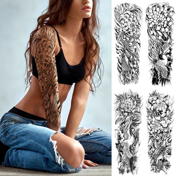 Büyük Kol Su Geçirmez Geleneksel Geçici Dövme Çıkartmalar Kadın Erkek Siyah Çizgi Çiçekler Koi Vinç Uyluk Vücut Sanatı Sahte Dövmeler 16