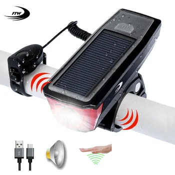 FTW bisiklet ışığı + çan + güç bankası + Güneş Enerjili + USB Şarj edilebilir bisiklet Ön İşık lambası bisiklet LED el feneri Fener
