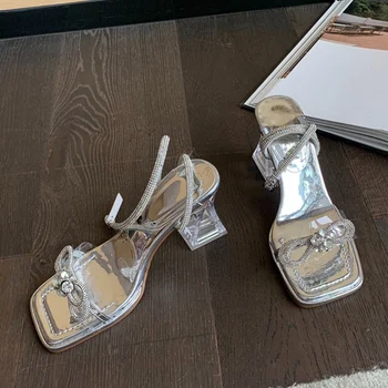 Yaz Gümüş Altın Peep Toe İlmek Şeffaf Yüksek Topuklu Kadın Sandalet Moda Kristal Ayak Bileği Kayışı Parti Düğün Ayakkabı Gelin