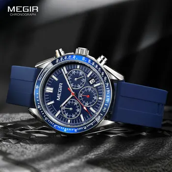MEGIR Silikon Mavi Kayış quartz saat Erkekler için Moda Askeri Spor Chronograph Su Geçirmez Kol Saati Aydınlık Eller Tarih