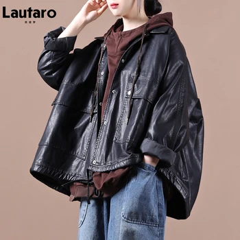 Lautaro Bahar Kısa Siyah Büyük Boy Suni Deri Ceket Kadın Raglan Kollu Cepler Kore moda giyim Streetwear 2021