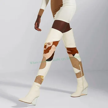 Kadın Kış için uyluk Yüksek Bot 2023 Yeni Yuvarlak Ayak Takozlar Yan Fermuar Uzun Bot Karışık Rahat Ayakkabı Renk Basılı Podyum Seksi