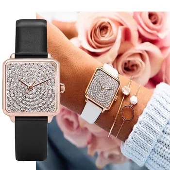 Kadın Saatler Lüks Rhinestone Kare Arama Deri Kordonlu Saat Toka Elbiseler Moda Kol Saati Kadın Saat Casual Reloj Mujer