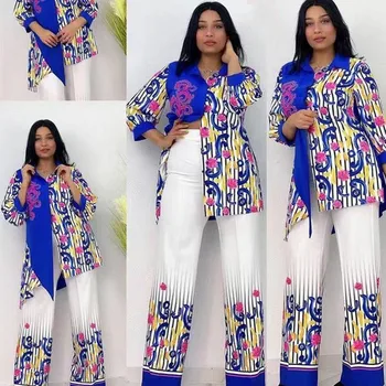 Afrika Giysi Kadınlar İçin 2 Parça Set 3/4 Kollu Gömlek Tops Kıyafetler Moda Çiçek Çizgili Splice Afrika Ofis Bayan Pantolon Takım Elbise 9