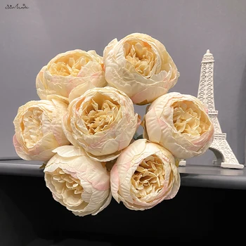 SunMade 7 adet / grup Vintage Yuvarlak Kafa Büyük Şakayık Sahte Çiçekler Düğün Buket Çiçek Saksıları Dekoratif Düğün Masa Dekorasyon
