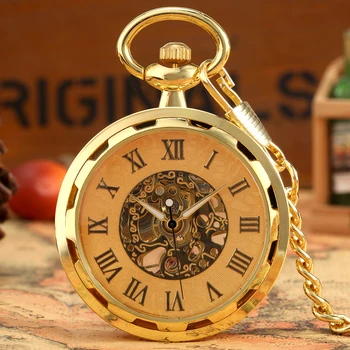 Lüks Altın Kapaksız Mekanik cep saati El Sarma Kolye cep saati es Hediye Altın Roma Numaraları Dial Saat Relojes