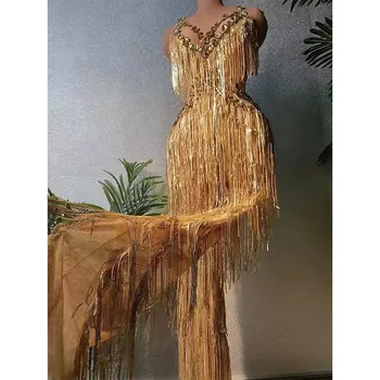 Seksi Sahne Sparkly Altın Sequins Rhinestones Tulum Kadın Kolsuz Tulum Doğum Günü Kıyafet Şarkıcı Dansçı Performans Kostüm 19