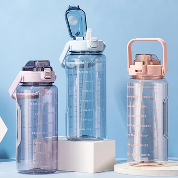2 Litre Su Şişesi Zaman İşaretleyici İle Büyük Kapasiteli İçme Şişeleri Kızlar Taşınabilir açık alan sporları spor şişesi Saman İle