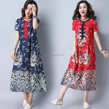 Çin vintage Ejderha elbise qipao gevşek elbise geleneksel uzun elbise kadın pamuk keten cheongsam oryantal çiçek baskı qipao