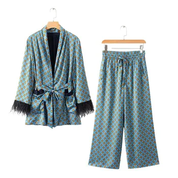 2021 Mavi Baskılı Kimono Ceket Tüy Kollu Geniş Bacak Gevşek Günlük Pantolon Kadın Vintage Giyim Takım Elbise Toppies Sonbahar