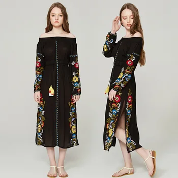 Boho Kapalı Omuz Midi Elbise Kadınlar Çiçek Nakış Uzun Kollu Slash Boyun Püskül Sashes Vintage Elbiseler Rayon Plaj Elbise