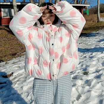 Kış 2022 Yeni Japon kadın Tatlı Ceket Karikatür Baskı sıcak tutan kaban Kız Kawaii kapüşonlu ceket Moda Kadın Kadın Ceket