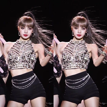 kpop Kore Yıldız LİSA Caz Sahne Gösterisi Seksi Kolsuz Halter Yelek Üstleri + Siyah İnce Yüksek Bel Zinciri Şort Kadın İki Parçalı Set