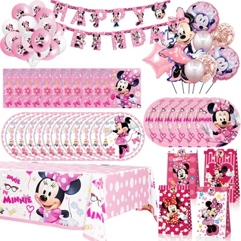 Minnie Mouse Parti Süsleri Doğum günü Parti Malzemeleri Kızlar için Sofra Bardak Tabak Peçete masa Örtüsü Afiş Kümesi 