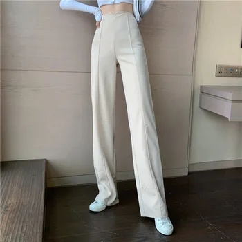 Yüksek Bel Bej pantolon Wige Bacaklar Kadınlar İçin 2021 Sonbahar Zarif Pantolon Gri Rahat Uzun pantolon Moda Bayan