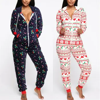 Aile Eşleştirme Kadınlar Tatil Romper Noel Pijama Noel Kıyafeti Tulumlar Uzun Kollu Kapşonlu Bayanlar Kış sıcak Ev Tekstili