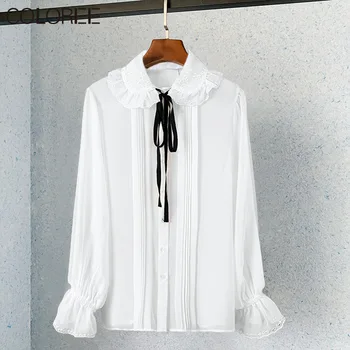 Yeni Moda Beyaz Şifon Kadın Gömlek 2022 Bahar Rahat Uzun Kollu Kadın Bluz Üstleri Kadın Kore Giyim