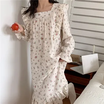 Kore Çiçek Baskı Kare Yaka Gecelik Kadın Kawaii Tatlı Uzun Pijama Pamuk Yumuşak Gecelik Gevşek Ruffles Gecelik