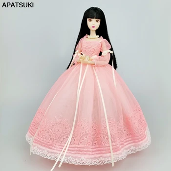 El yapımı Pembe Prenses Elbise barbie oyuncak bebek Giysileri Kıyafetler 1/6 Bebek Aksesuarları Puf Kollu Uzun İlmek Parti Kıyafeti Çocuk Oyuncakları