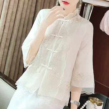 Cheongsam kadın Artı Boyutu Hanfu Üstleri 2022 Yaz Organze Nakış Standı Yaka Çin Tarzı Tang Kostüm Qipao Gömlek Kadın 9