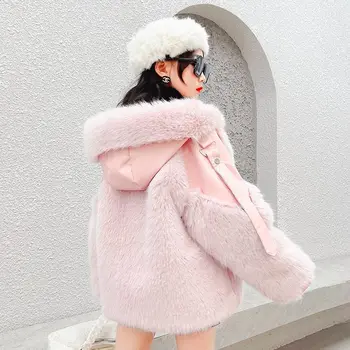 Kızlar Kış Faux Kürk Kapüşonlu Ceket Çocuk Yün Kalın Kaşmir Kazak Çocuklar Moda Deri Sıcak Ceketler
