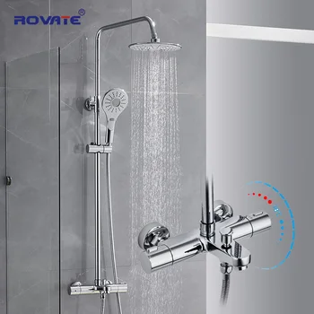 Yağmur Duşlu ve Ayarlanabilir El Duşlu ROVATE Termostatik Duş Sistemleri, Banyo Duş Seti Armatürleri
