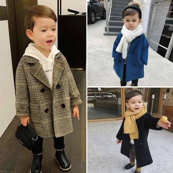 Kış ızgara Ceketler Erkek Kız Yün Kruvaze Erkek Bebek Trençkot Yaka Sonbahar Çocuk Kabanlar Palto Yün Ceket Palto