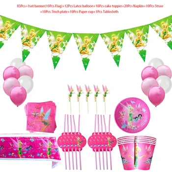 83 Adet Tinker Bell Kız Doğum Günü Partisi Süslemeleri Tek Kullanımlık Kağıt Tabaklar Bardaklar Peçeteler Balon Sofra Seti Bebek Duş