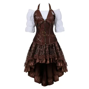 Gotik Deri Büstiyer Elbise Steampunk Korsan Korse Üst Rönesans Bluz Etek 3 Parça Set Burlesque Cadılar Bayramı Kostüm