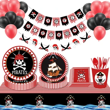 Korsan Parti Süslemeleri Kırmızı Çizgili Karikatür Kafatası Korsan Gemisi DIY Süslemeleri Çocuklar için Doğum Günü Cadılar Bayramı Partisi Cosplay Dekor