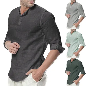 Moda erkek gömleği Uzun kollu Bluz Pamuk Keten Erkek Gömlek Nefes Rahat Streetwear Düz Renk Gömlek Camisa Masculina