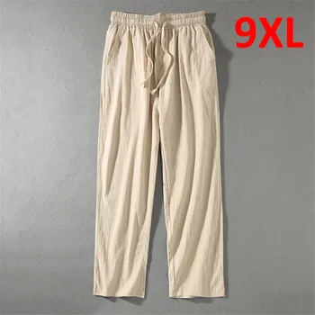 Keten pantolon Erkekler Artı Boyutu 9XL 8XL Pantolon Yaz Keten Pantolon Erkek Moda Rahat Düz Renk Pantolon Büyük Boy 8XL 9XL 6