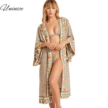2022 Bohemian Kimono Baskılı Yaz Plaj Kıyafeti Bikini Wrap Elbise Tunik Yaz Kadın Mayo Cover-up Kimono Hırka 15