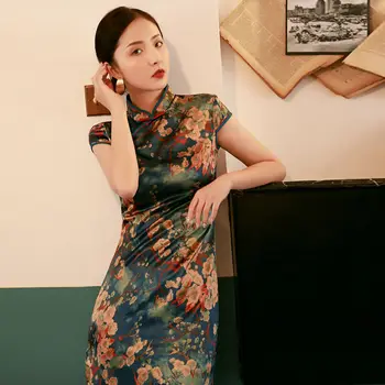 Eski Şangay Cheongsam Kadınlar Çin Qipao 2021 Yeni Orta kollu Genç Orta uzunlukta Elbise Kız Retro Cumhuriyet Tarzı 5