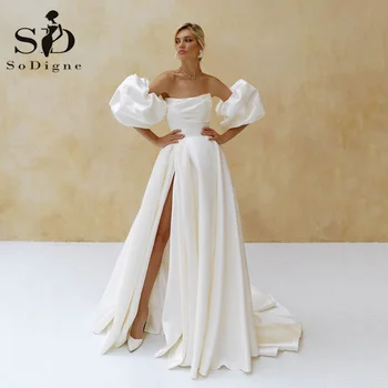 SoDigne Saten Boho düğün elbisesi Ayrılabilir Kısa Kollu Beyaz / Fildişi Zarif gelinlikler Bölünmüş Plaj Düğün Resmi Elbise
