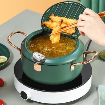 Mutfak Derin Kızartma Pot Thermometre Tempura Fritöz Pan Sıcaklık Kontrolü Kızarmış Tavuk Pot Pişirme Araçlar Yeşil Paslanmaz Çelik