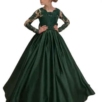 Güzel Saten Koyu Yeşil Balo Çocuk Pageant Elbise ile Dantel Uzun Kollu Kızlar için Yaşlı 4-12 yıl