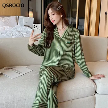 QSROCIO Yüksek Kaliteli kadın Pijama Set Vintage Stil Yeşil Çizgili Pijama Ipek Gibi Rahat Gecelik Femme Petite