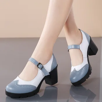 Yeni Kadın Hakiki Deri Toka Kayış Mary Janes platform ayakkabılar Kadın Pompaları Yüksek Topuklu Elbise Ayakkabı Retro Bayanlar Düğün Ayakkabı