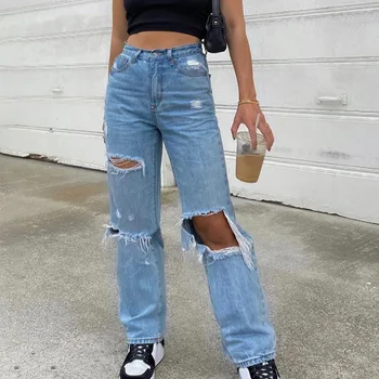 Kadın Giyim Kot Pantolon Yırtık Delik ve İnce Düğmeler Yüksek Bel Cepler Elastik Yırtık Gevşek Denim Pantolon 2021