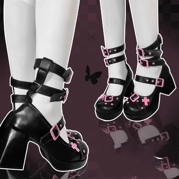 Japon Tatlı Kız Ayakkabı Cosplay Lolita Yuvarlak Kafa Kalın Alt Yuvarlak Delik Mektup Çapraz Perçin Toka 8cm yüksek topuklu ayakkabılar