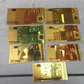 7 adet / grup 5 10 20 50 100 200 500 EUR Altın Banknot 24K Altın Sahte Kağıt Para Koleksiyonu için Euro Banknot Setleri Kopya