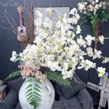 SunMade 4-Çatal Kiraz Çiçeği Uzun Şube İpek yapay çiçekler Pembe Beyaz Çiçek Ev Düğün Bahçe Dekor Flores Artificales